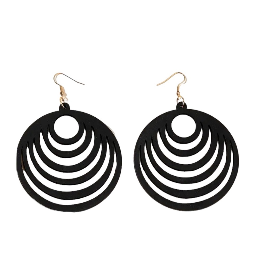 Boho Oversized Black Round Cut Wood Drop Style Earrings